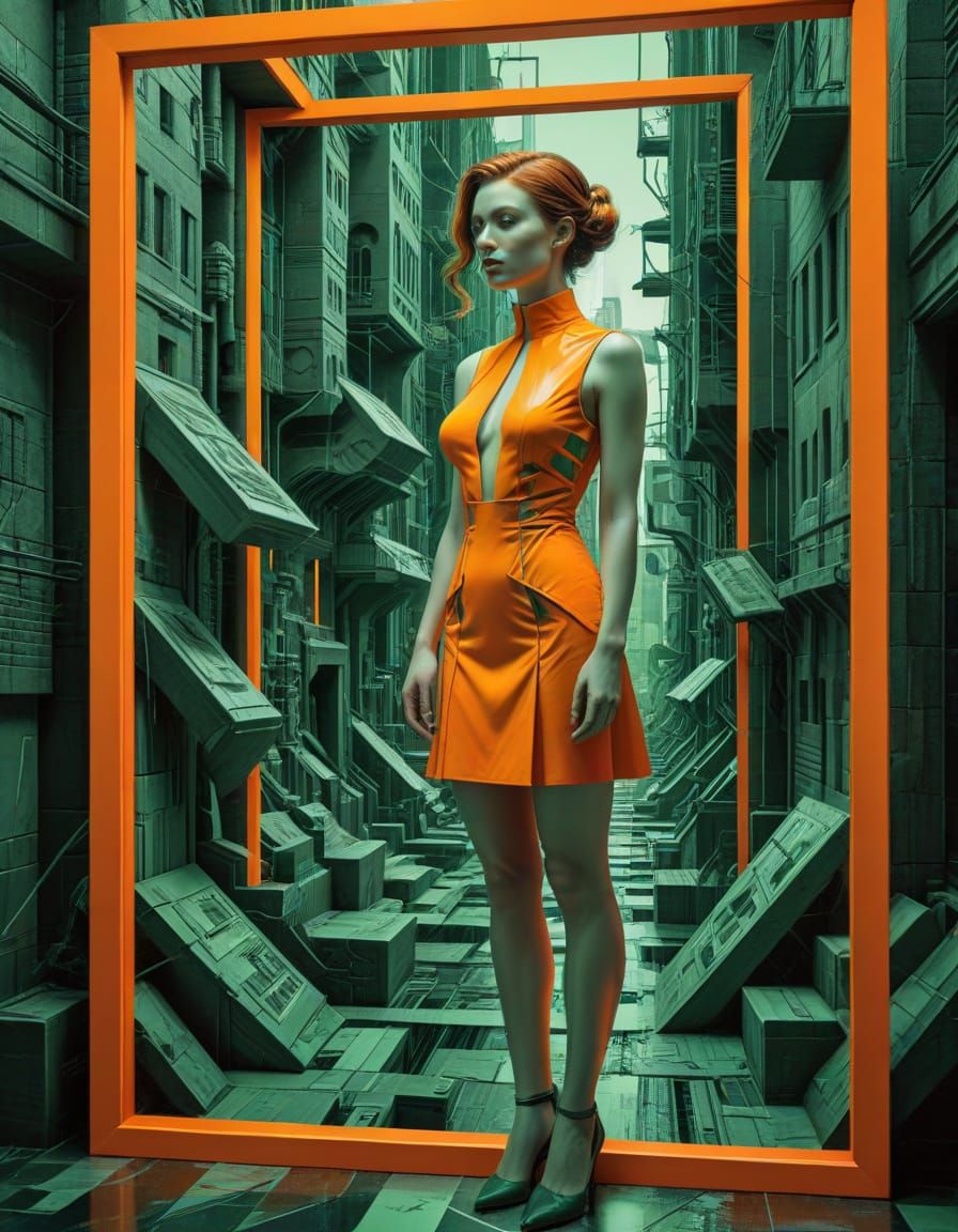 Droste Effect Woman in Futuristic City