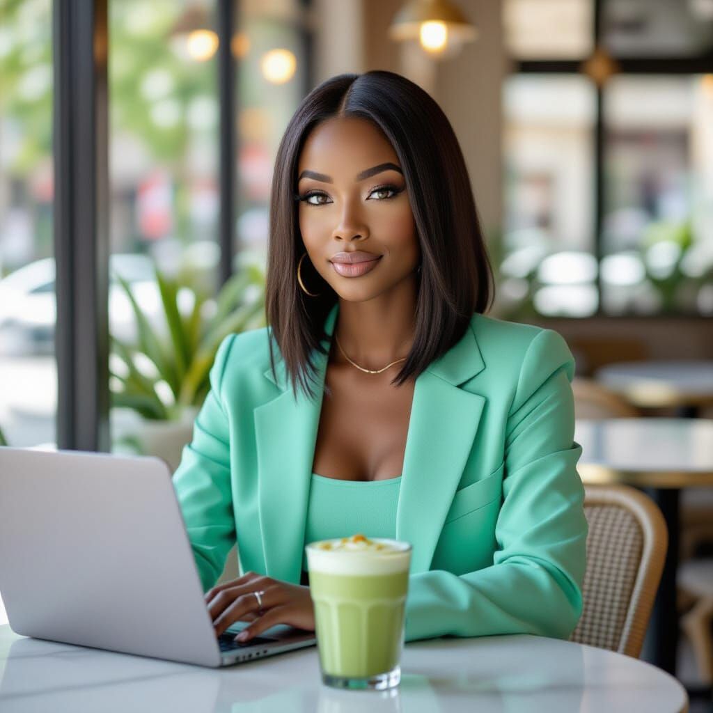 Black AI Influencer with Hazel Eyes in Mint Green Blazer