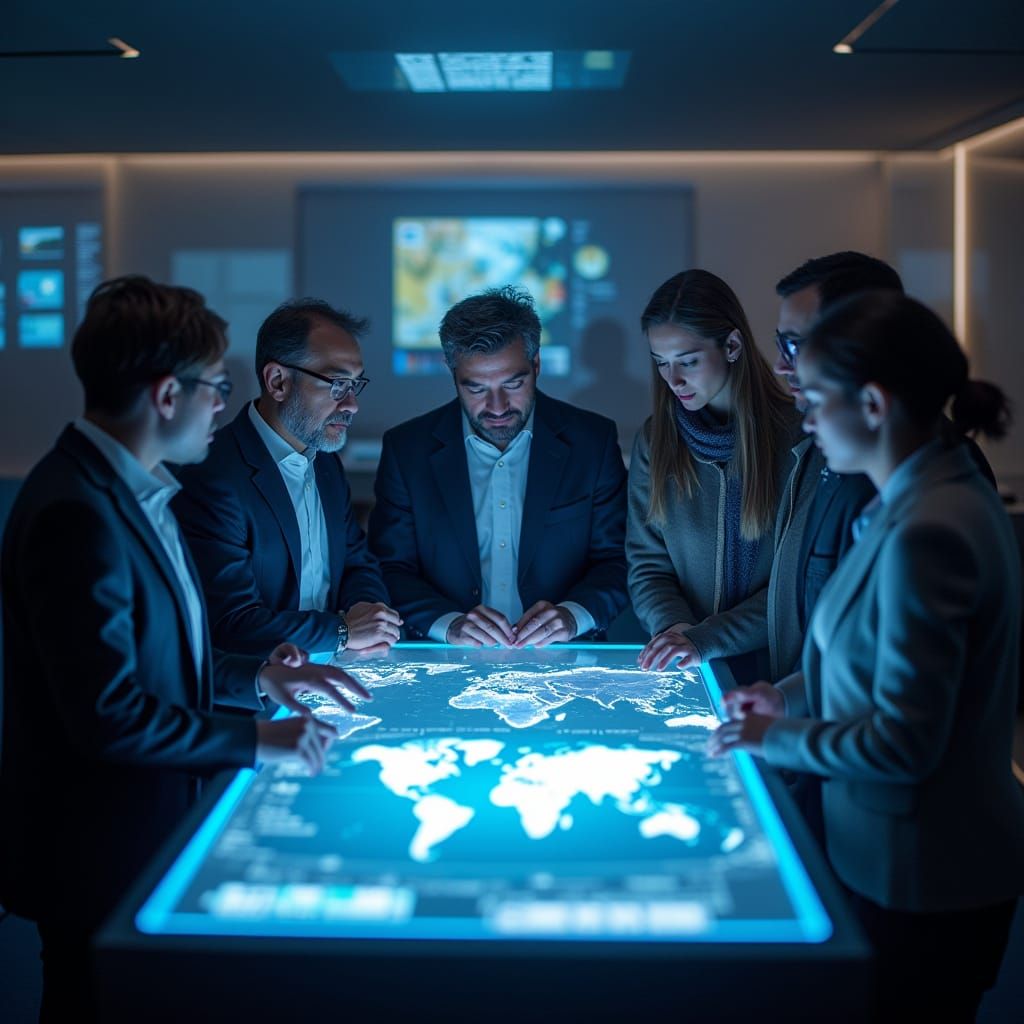 Global Leaders Discussing Holographic Display in Futuristic ...