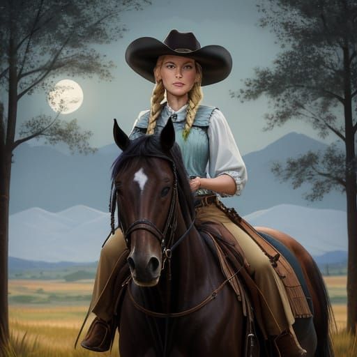 Cowgirl Portrait in Oil Painting Style, Moonlit Night