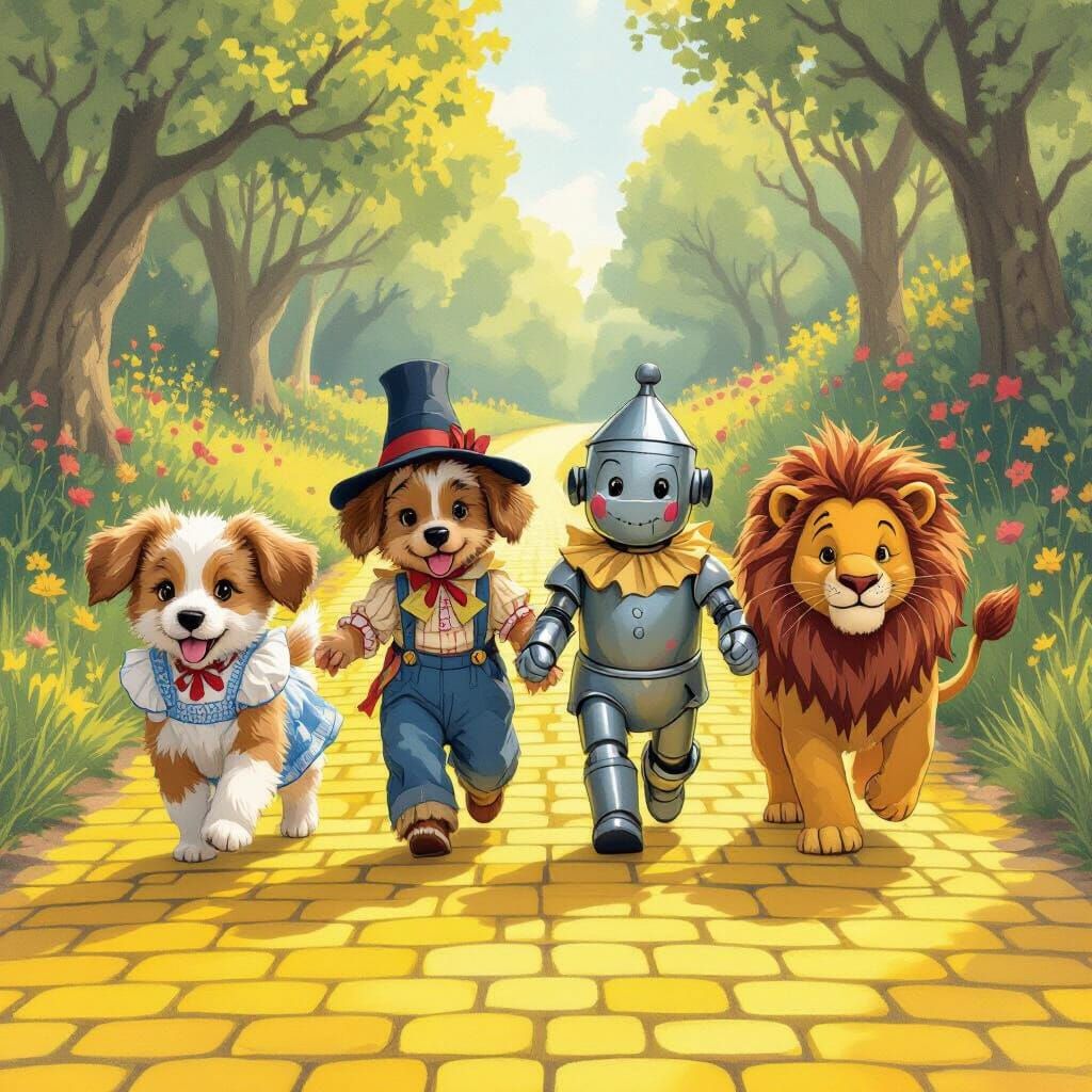 Wizard of Oz Puppies on Yellow Brick Road as Illustration