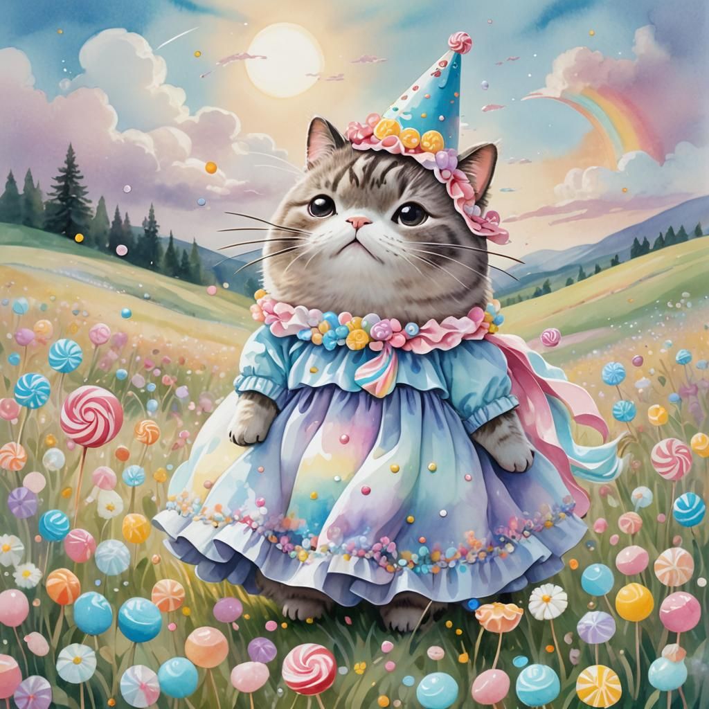 Pusheen in Candy Gown in Watercolor Meadow