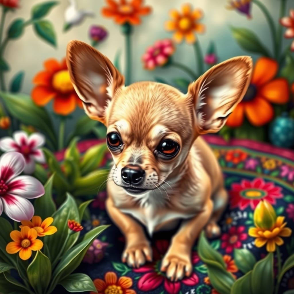 Vibrant Chihuahua on Folk-Art-Inspired Mexican Blanket