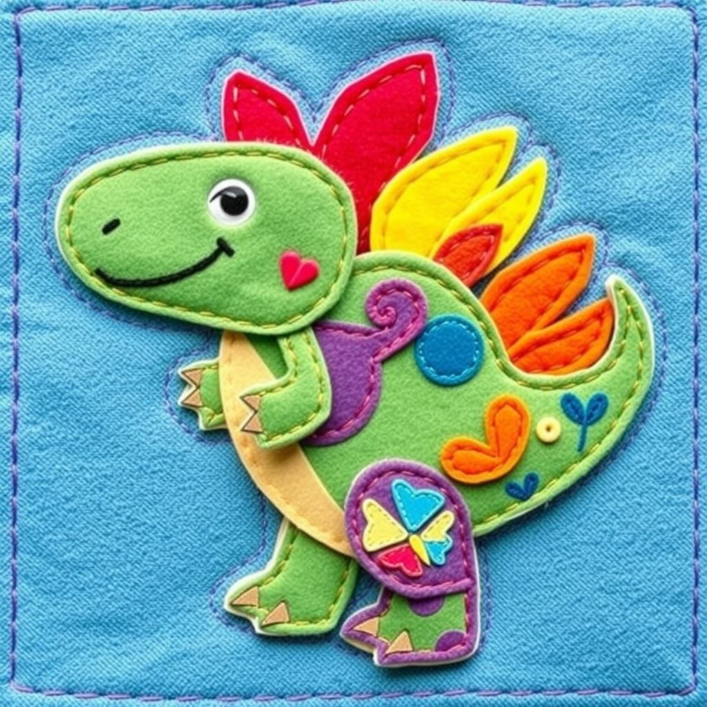 Colorful Felt Dinosaur in Children's Book Illustration Style