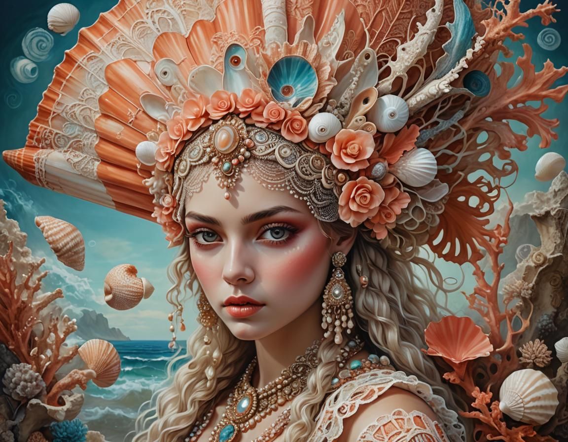 Lace-Draped Woman with Seashell Headdress in Vibrant Colors
