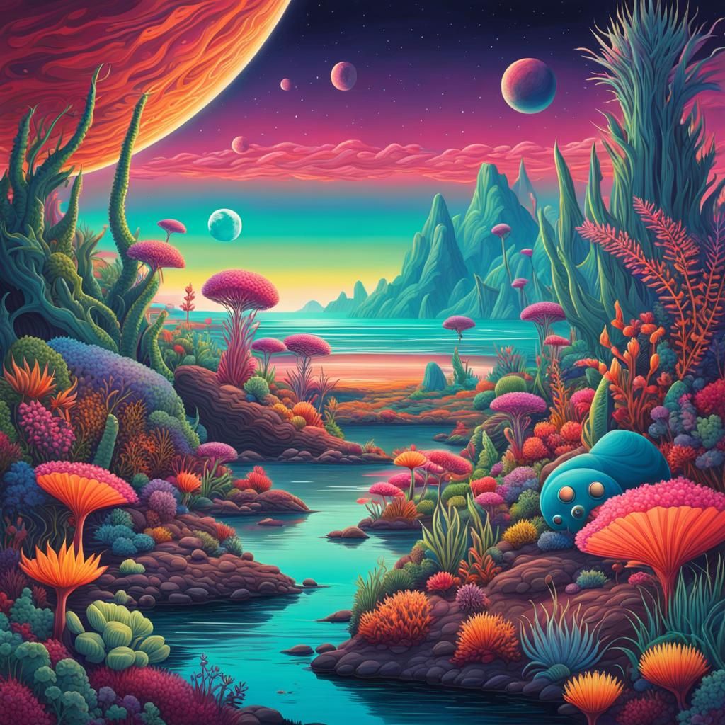 Exotic Alien Planet Landscape with Whimsical Life