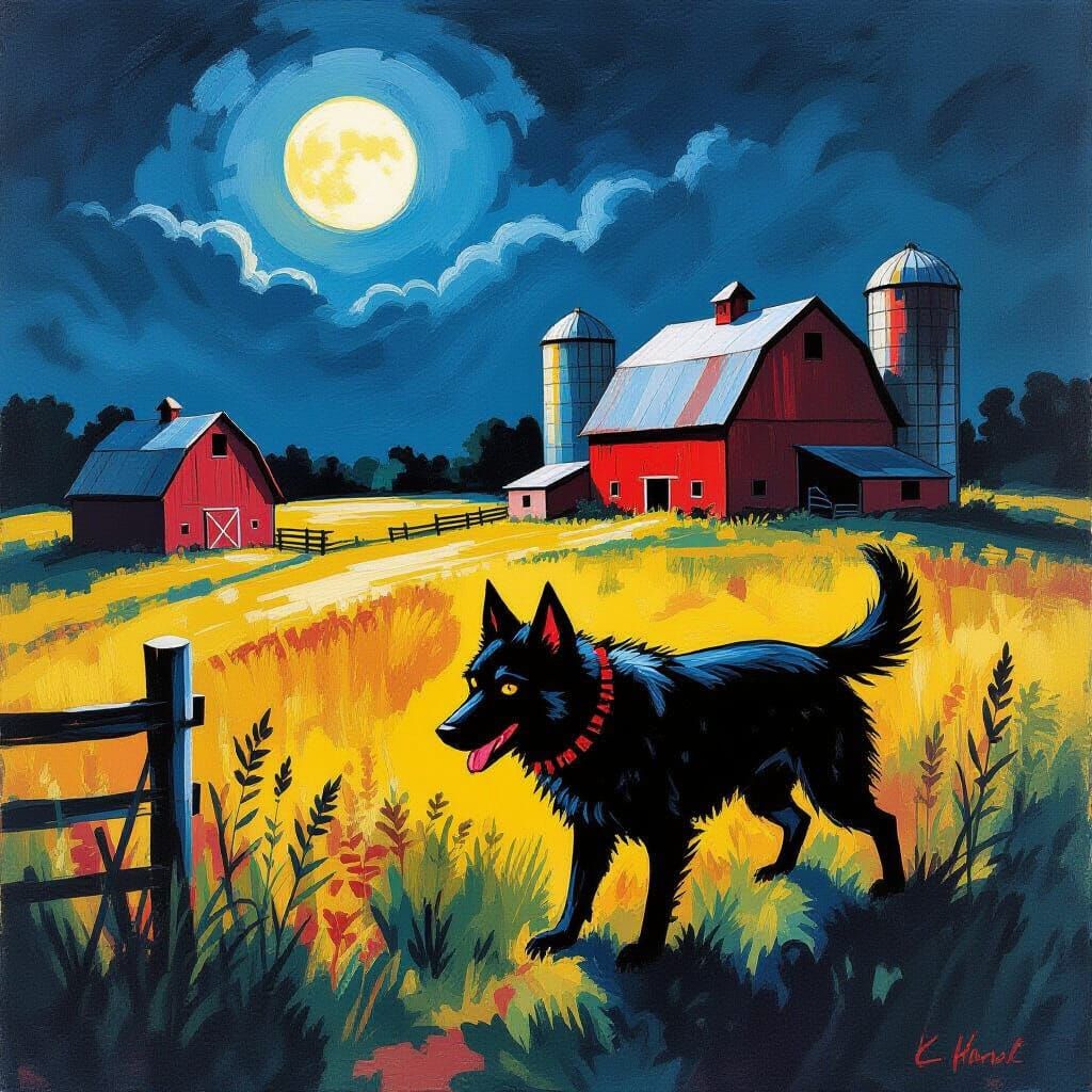Hellhound Creeping Around Farm in Gouache Style