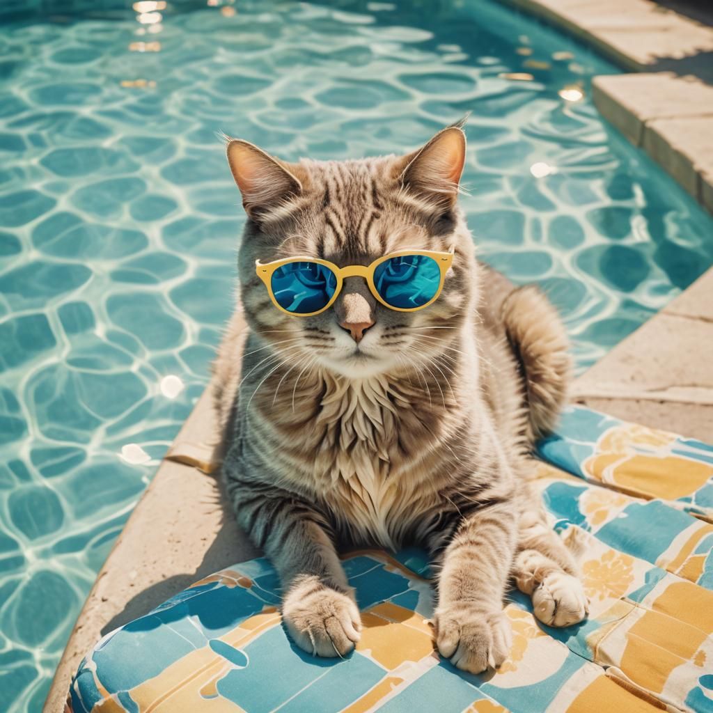 Cat Lounging Poolside in Retro Hockney Style