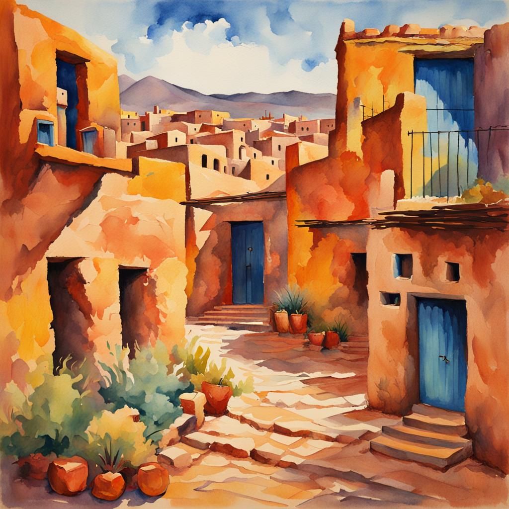 Pueblo in Gouache Style Impressionist Masterpiece