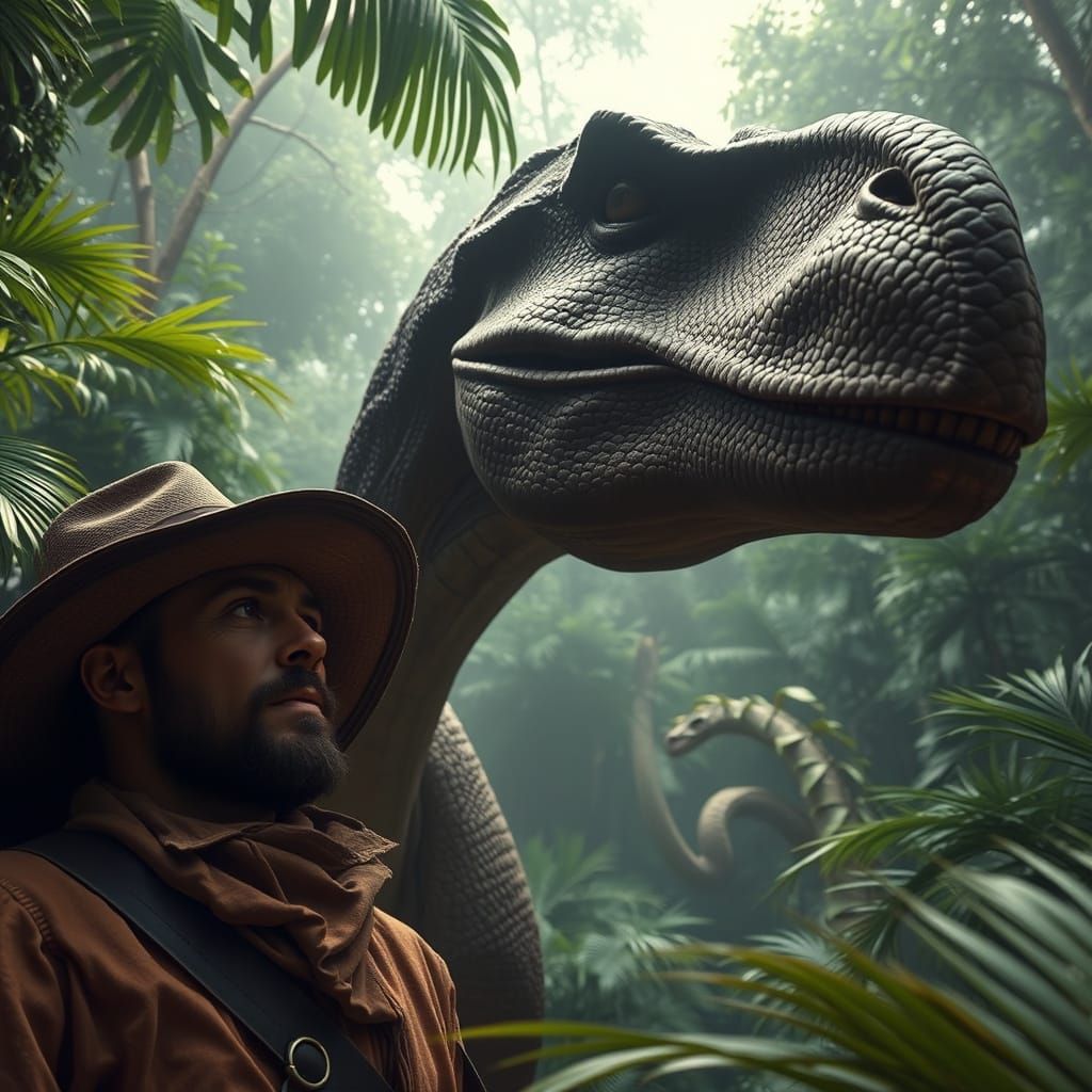 Lost in Amazon jungle with dinosaurs
