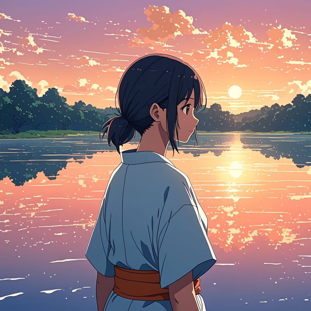 Peaceful Anime Sunset Scene with Serene Lake