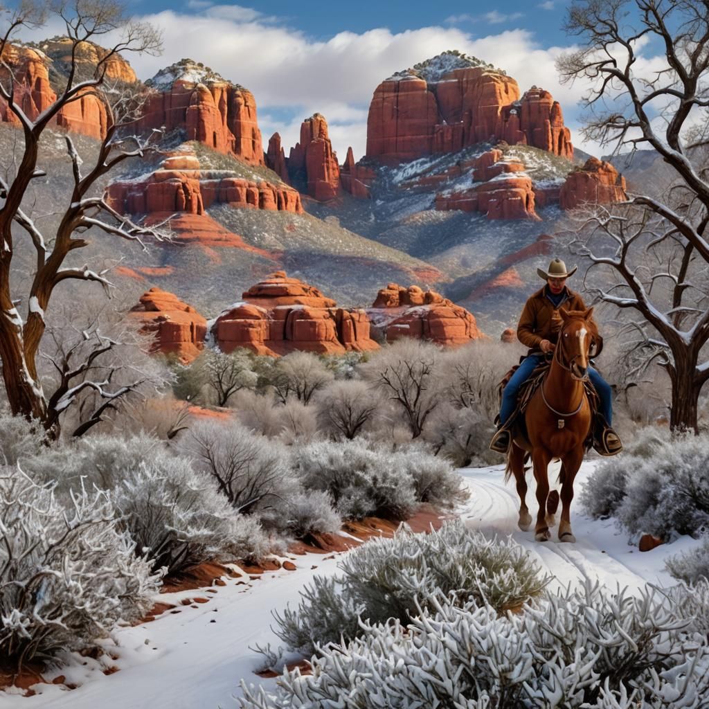 Cowboy and Cowgirl Ride Through Winter Wonderland