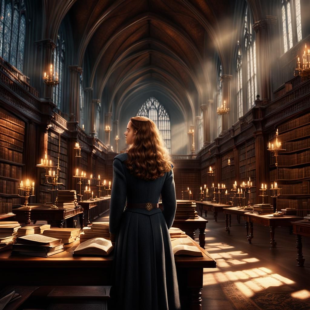 Hermione in Hogwarts Library: Morning Sunlight