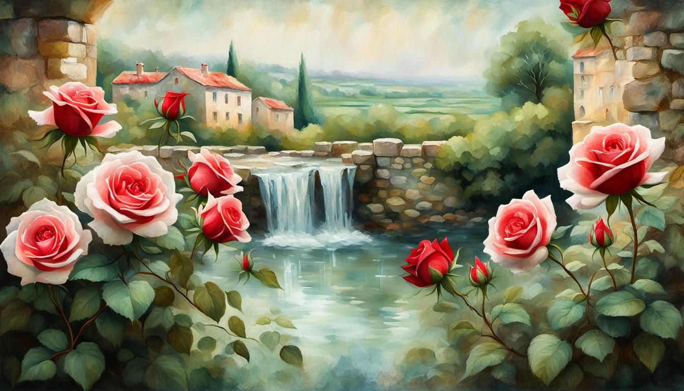 Impressionist Landscape with Roses and Waterfall