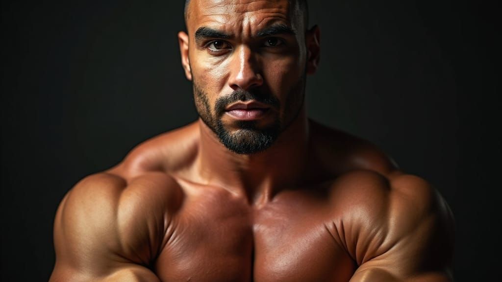 Chiseled Arab Bodybuilder Dominating Frame in Dramatic Portr...