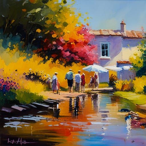 Rainbow Reflection: Impressionistic Garden Path Painting