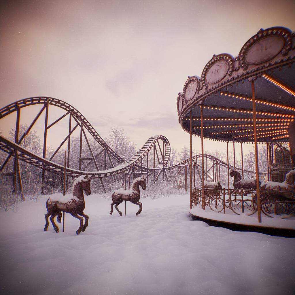 Abandoned Amusement Park in Winter, Photorealistic Scene