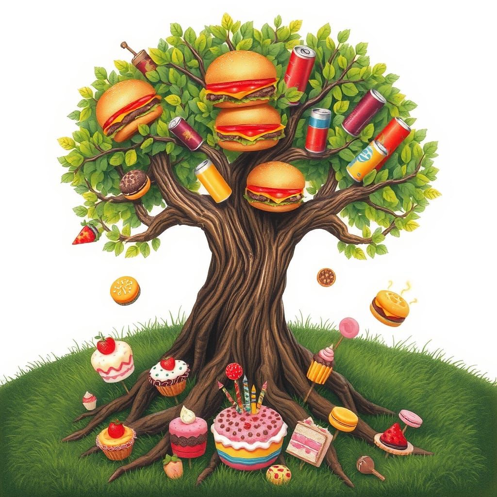 Whimsical Tree with Food Branches and Dessert Roots