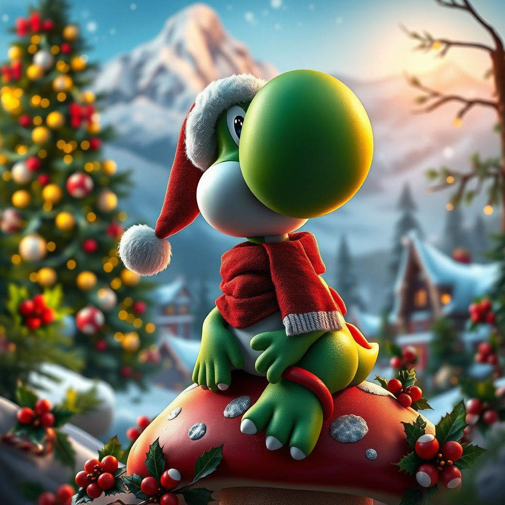 Festive Yoshi in Winter Wonderland, Hyperrealistic 8K