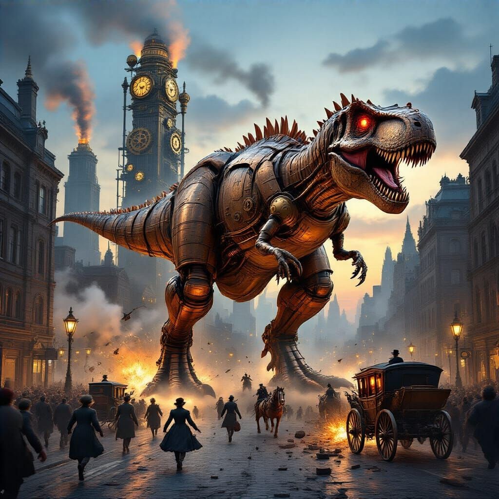 Steampunk T-Rex Attacks Victorian City at Dusk