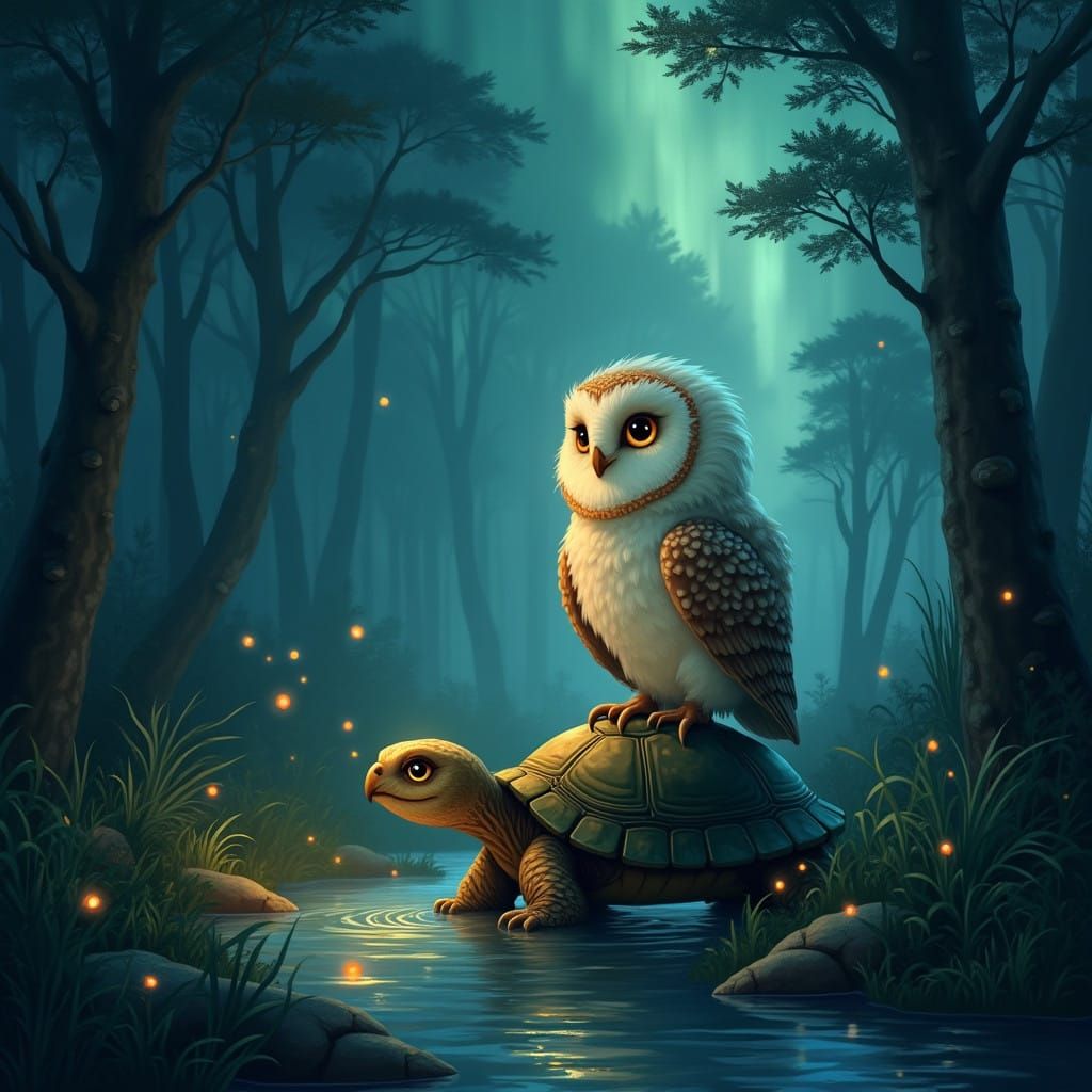 Whimsical Forest Friends Gather Under Northern Lights