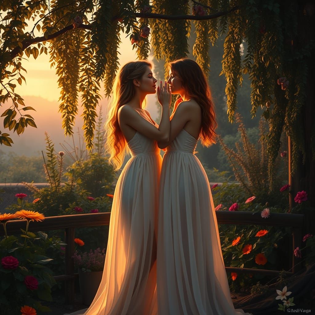 Tender Moment in a Hidden Garden at Twilight