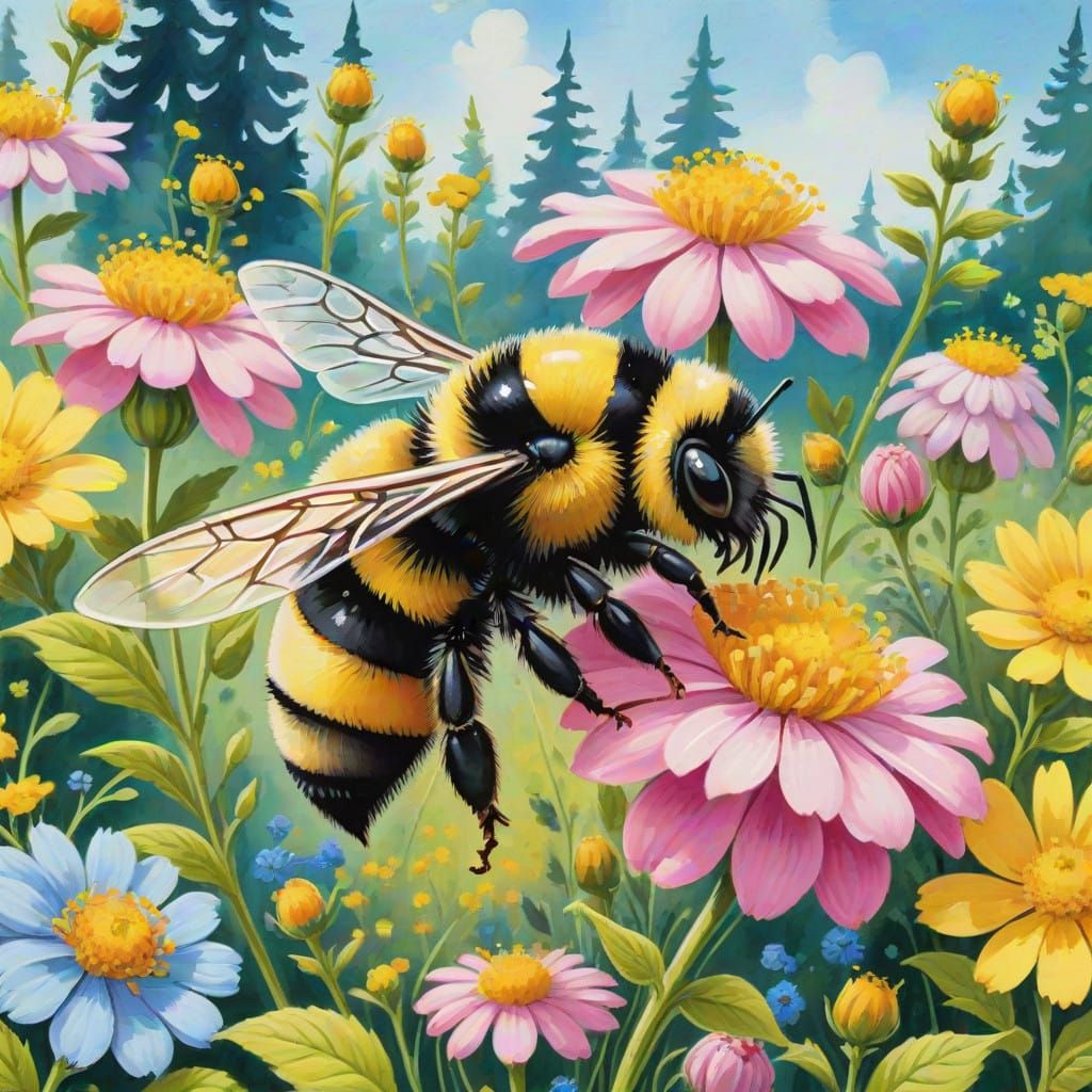 Vibrant Bumblebee Amidst a Lush Floral Paradise in Gouache