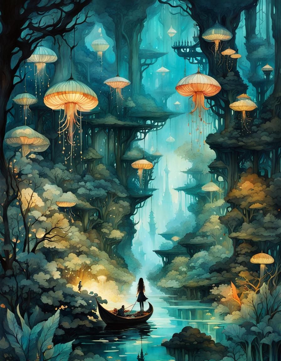 Whimsical Fantasy Utopia in Double Exposure Aquarelles