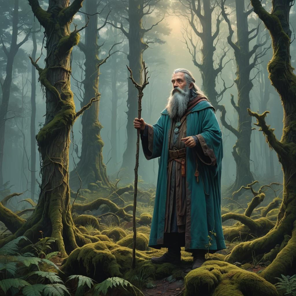 Regal Wizard in Mystical Forest: Digital Oil Painting