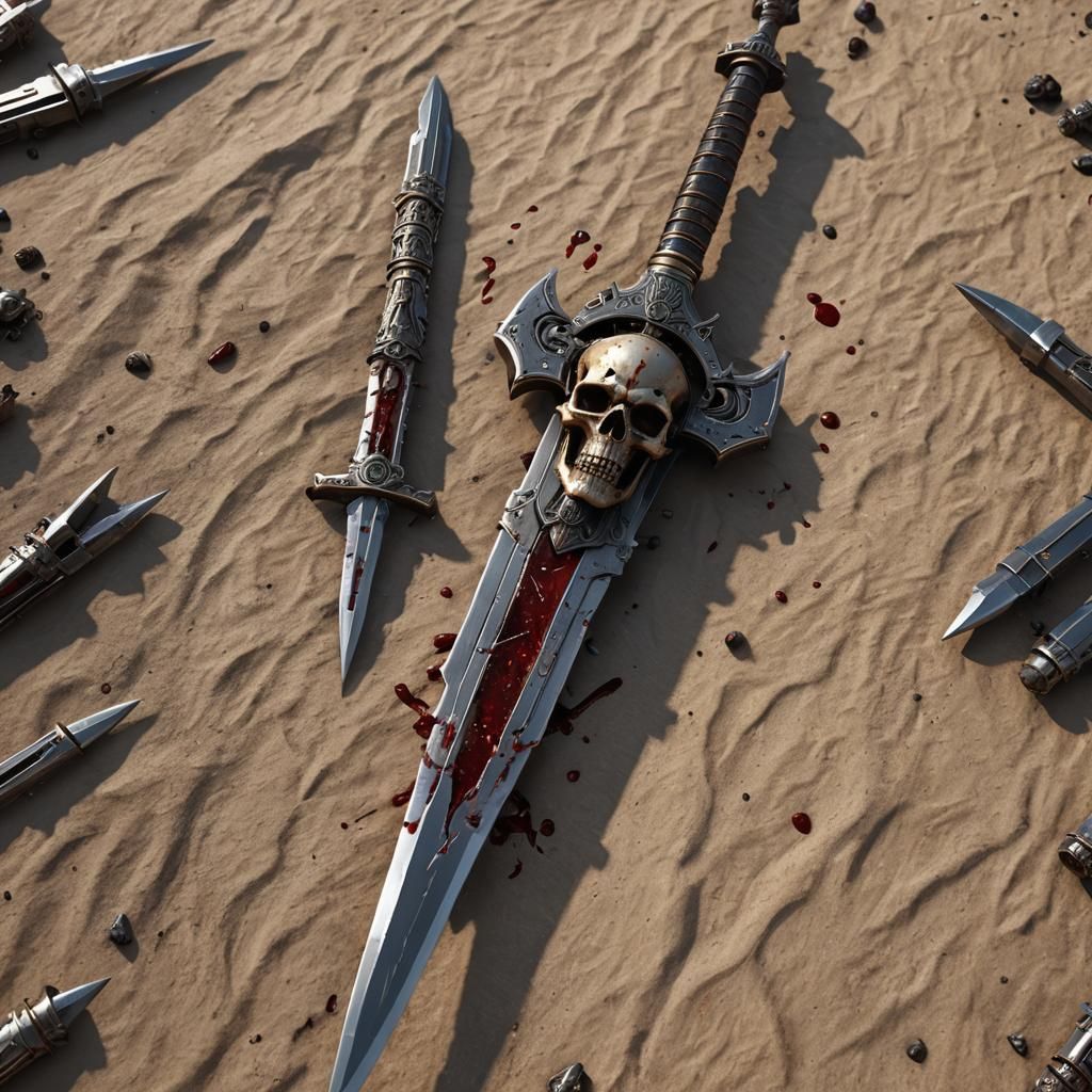 Spiked Sword with Mummified Skull in Sci-Fi Style