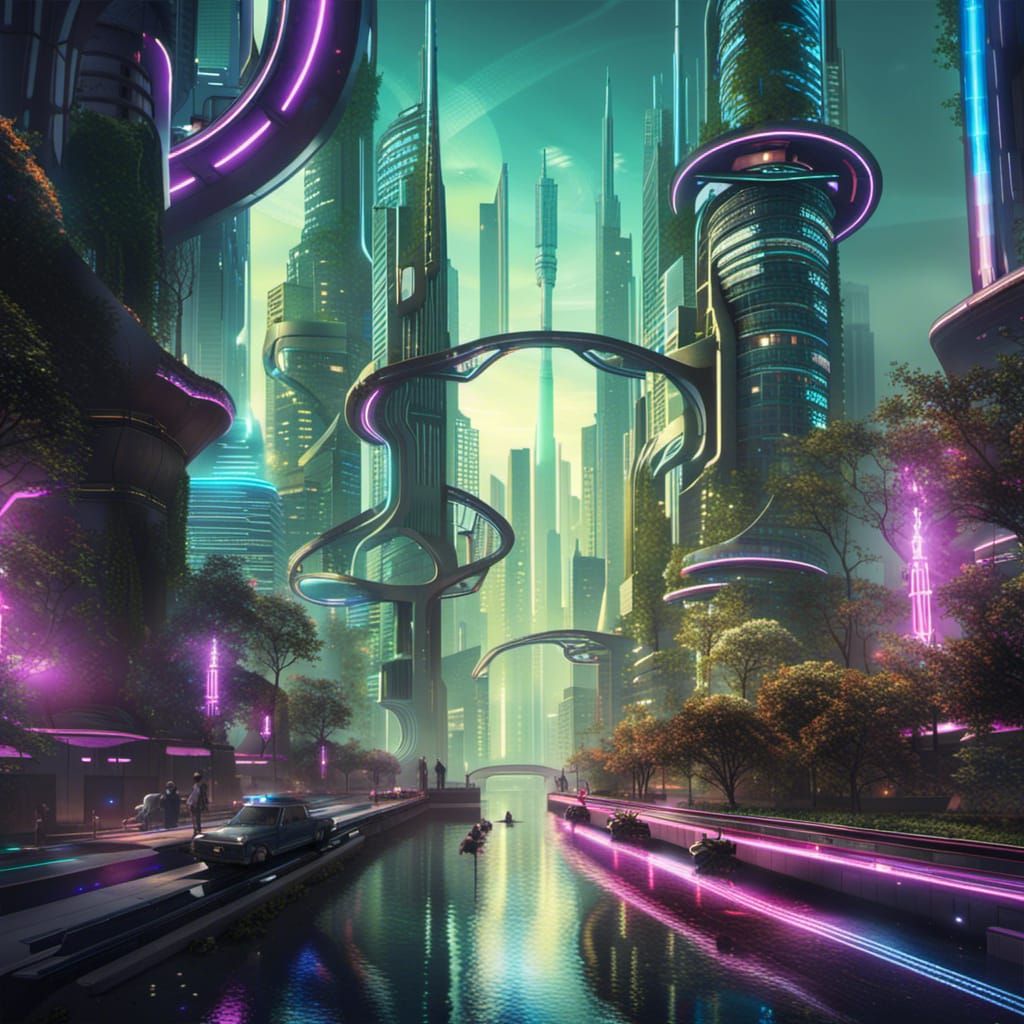 Lush Sci-Fi City with Neon Lights, Digital Art