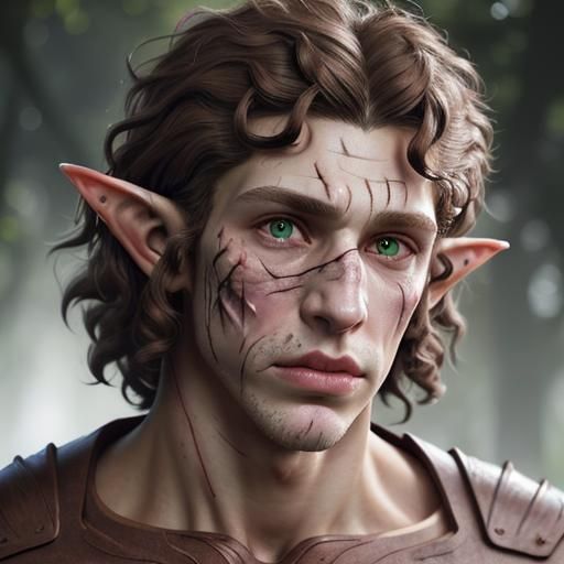 Elf Portrait with Scar in Hyperdetailed Forest
