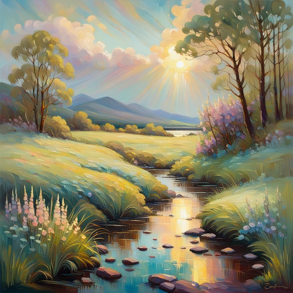 Scottish Spring Landscape in Evening Light, Oil Painting