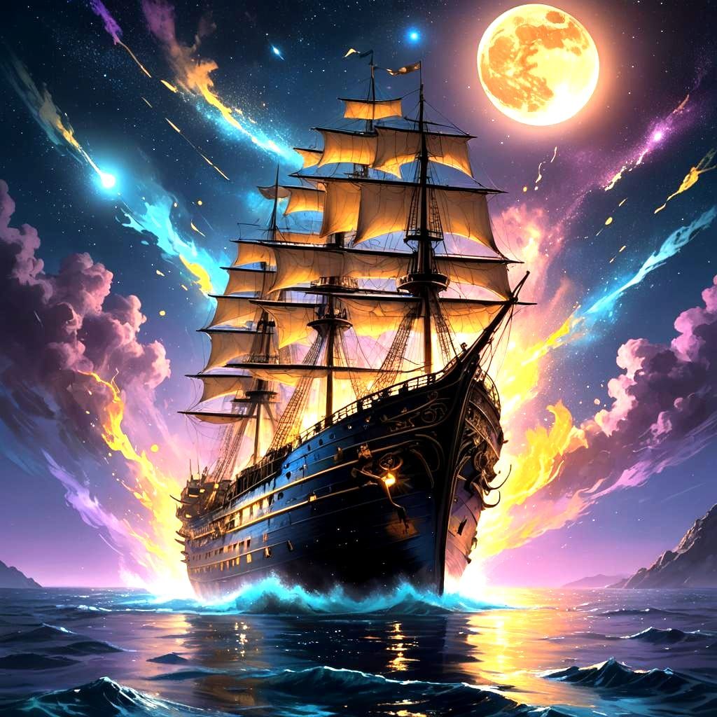 Moonlit Sea with Ship: Fantasy Concept Art
