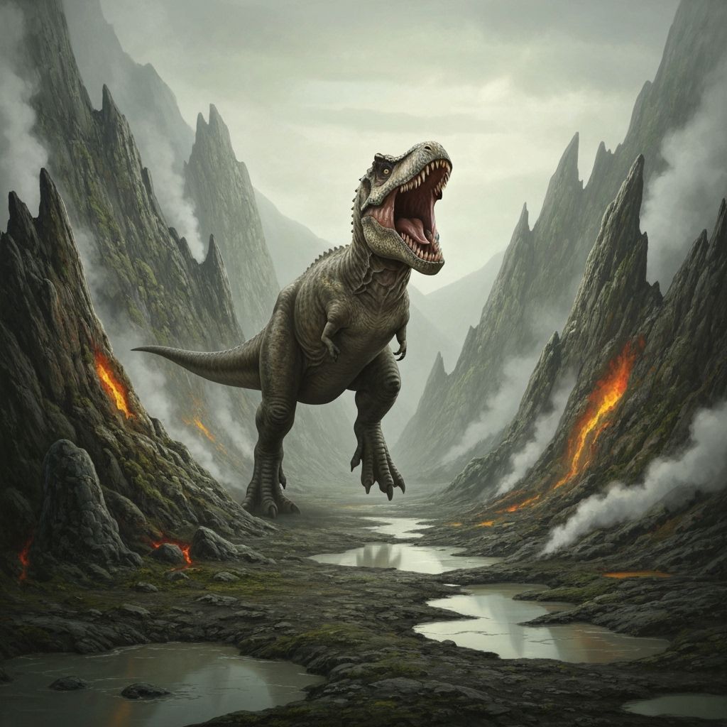 Colossal T-Rex Roaring in Misty Volcanic Valley
