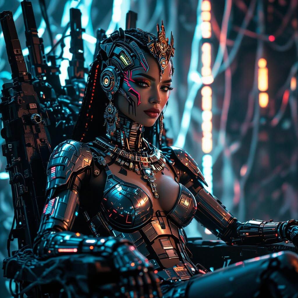 Regal Cyborg Queen on Throne of Discarded Tech
