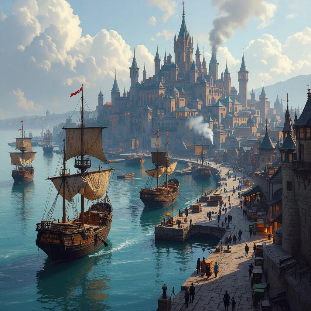 Fantasy Capital City with Industrial Port, Detailed Illustra...