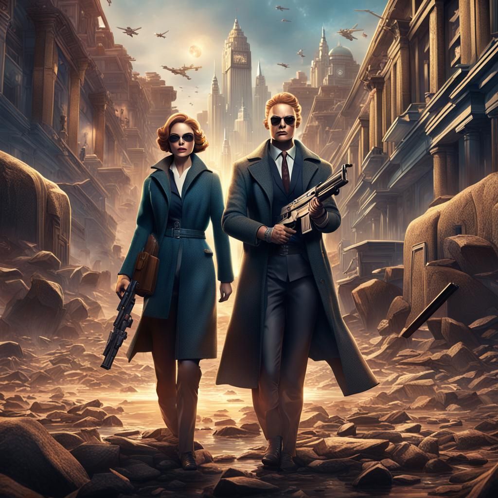 Male and female spy, guns, movie poster