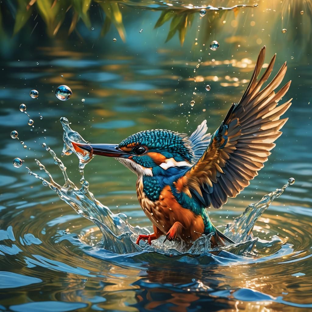 Kingfisher Diving: A Wildlife Oil Painting in Triadic Colors