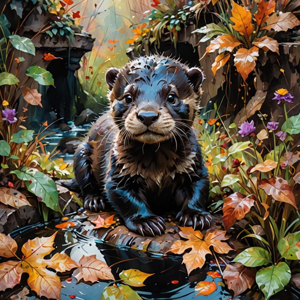 Cute Otter Cub in Autumn Garden, Watercolour Painting