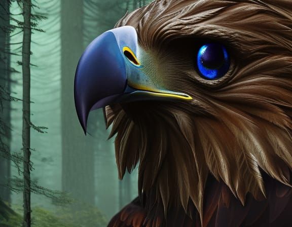 Terrifying Eagle in Dark Forest, Detailed Digital Art