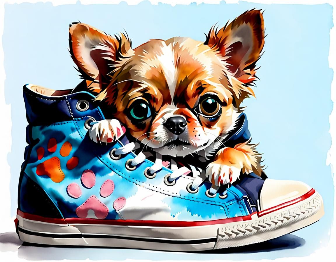 Cute Dog Resting on Sneaker in Watercolor Style