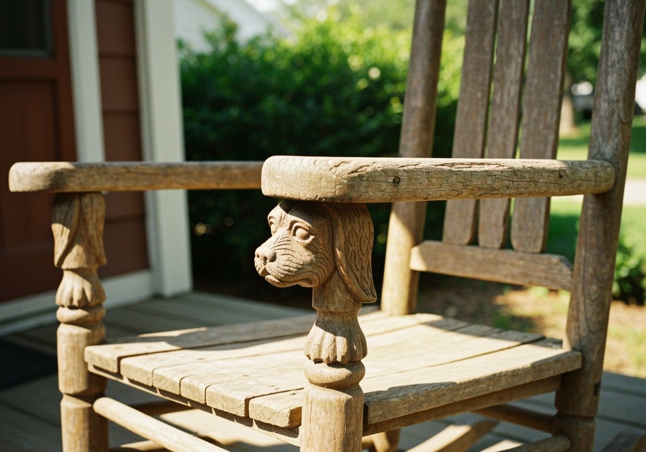 Weathered Rocking Chair with Dog Carvings in Natural Light