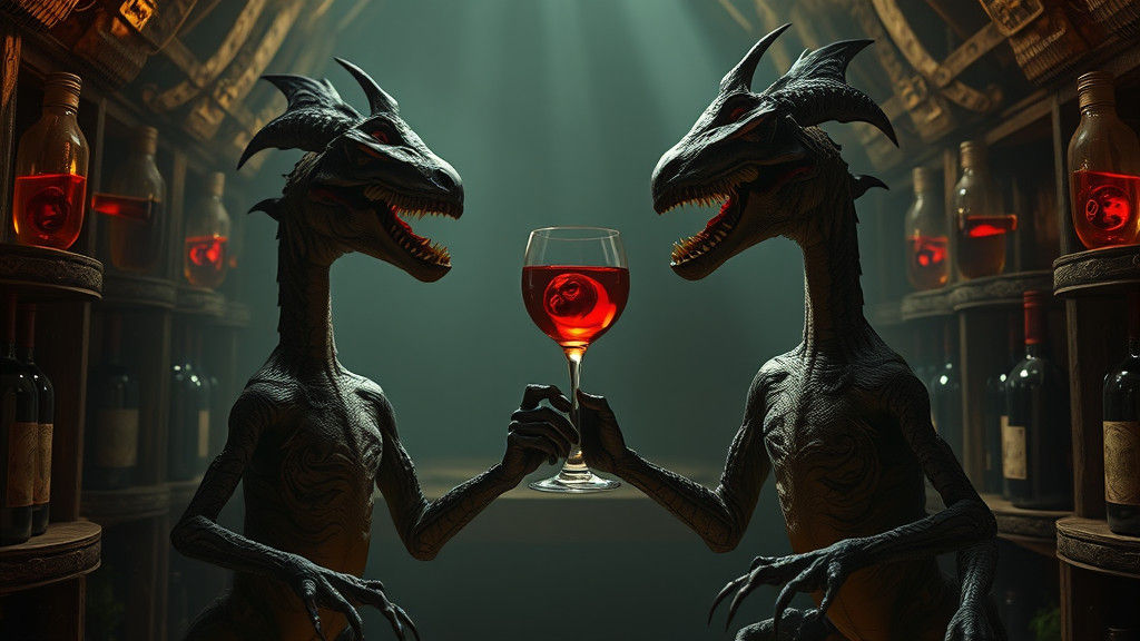 Velociraptor Demons Toast in Mystical Wine Cellar