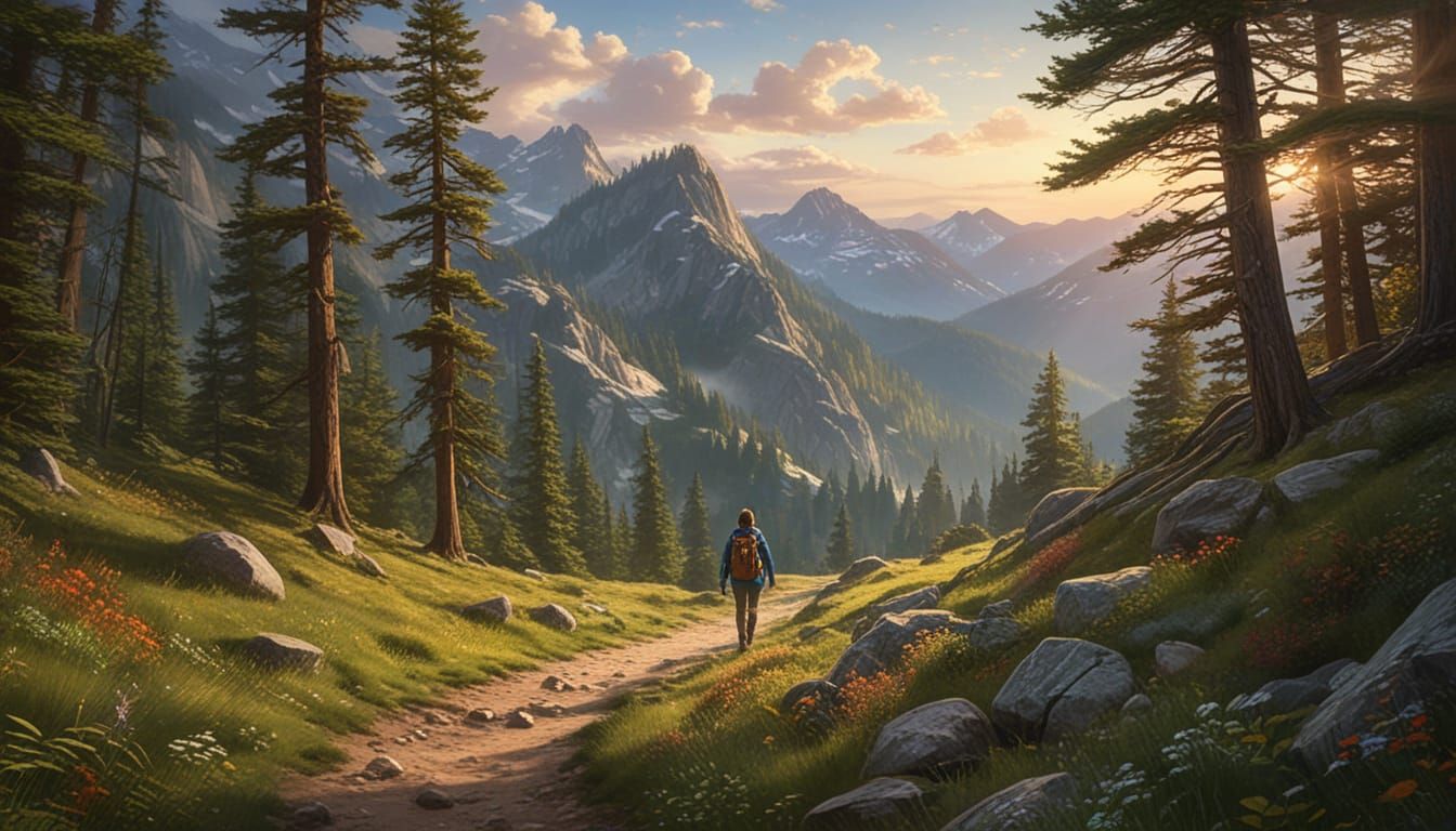 Female Hiker on Mountain Path in Kinkade Style