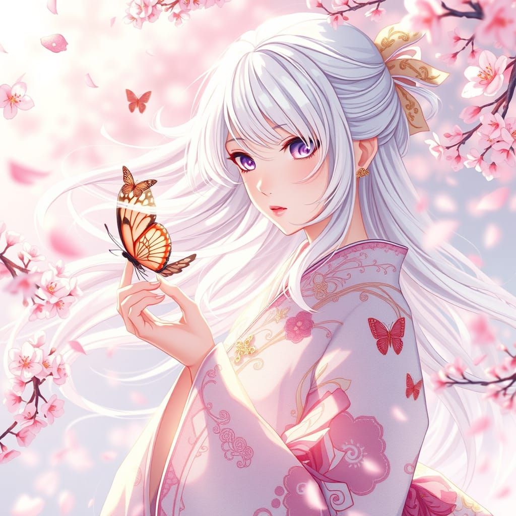 Elegant Woman in Traditional Kimono Amidst Cherry Blossoms, ...