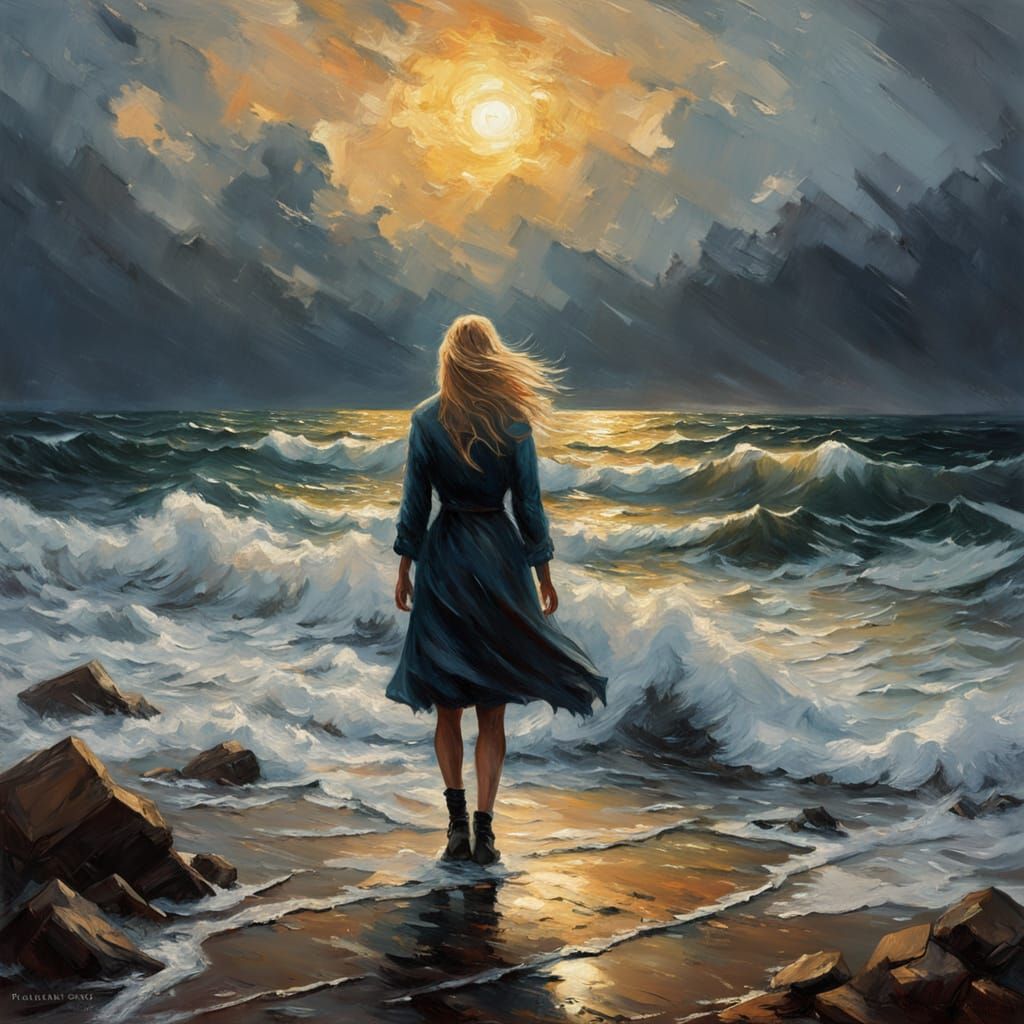 Girl Defies Stormy Seas in Textured Impasto Oil Painting