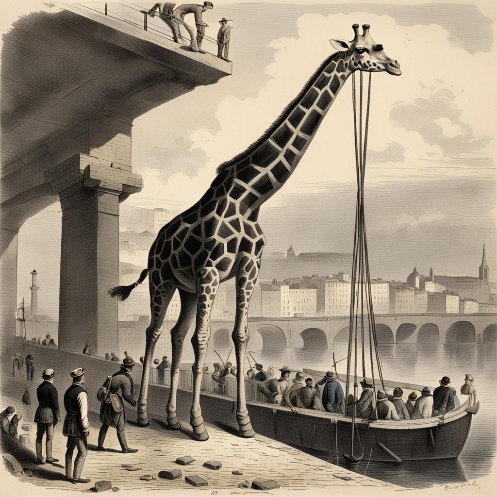 a giraffe arrives aboard a brig with its long neck protrudin...