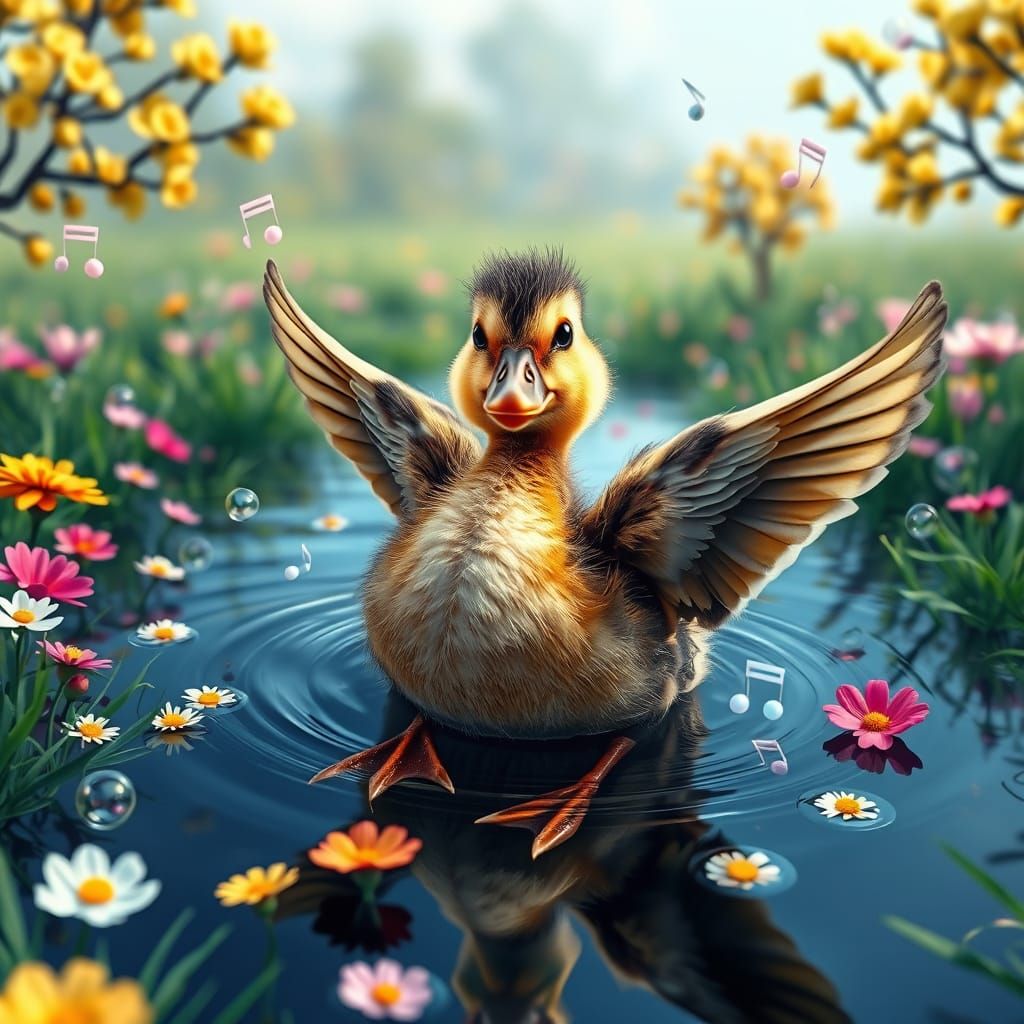 Hyperrealistic Duckling Dances in Pond: Splash Art