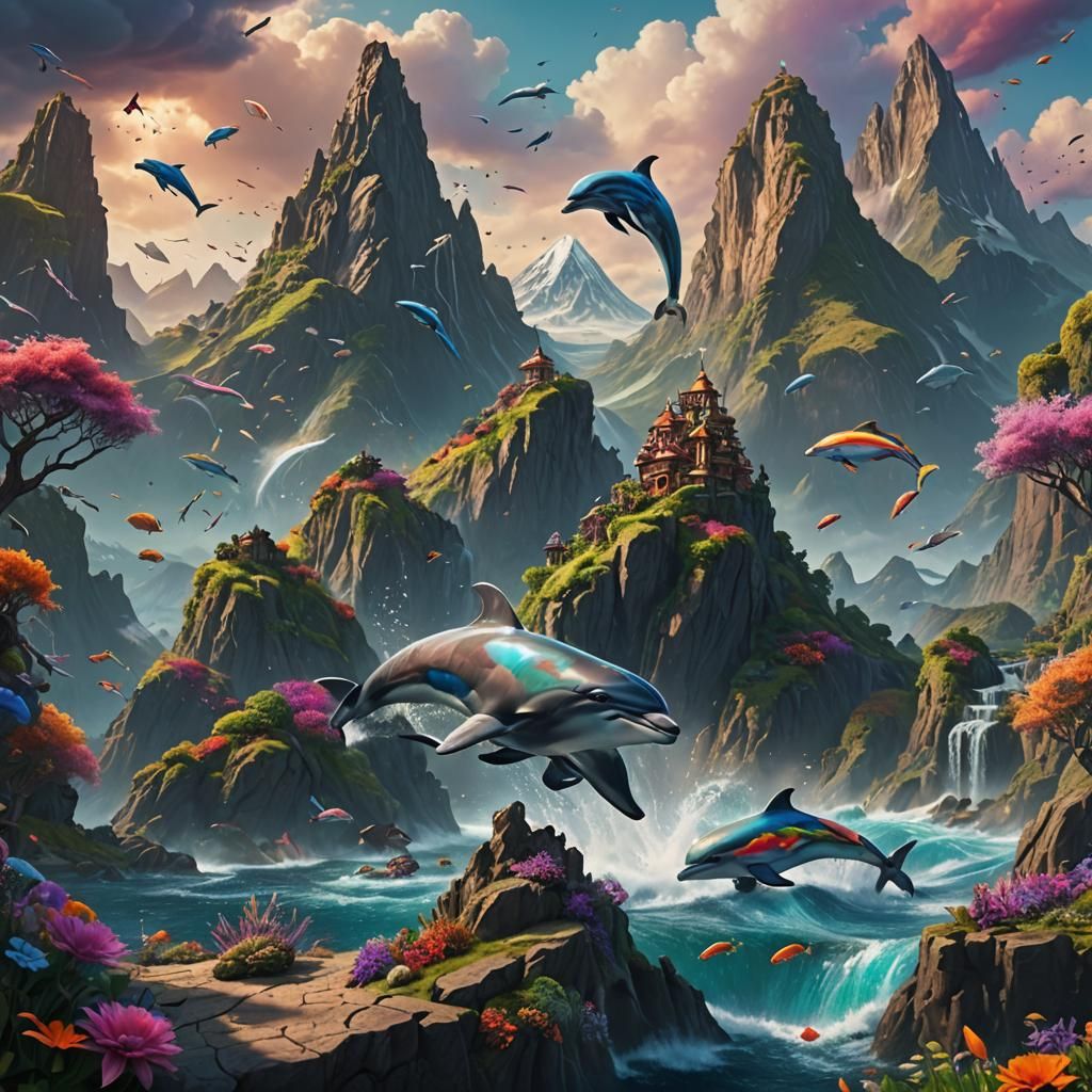 Dolphin Leaps Over Mountain in Colorful Fantasy Art